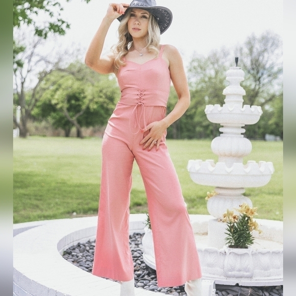 Gianni Bini Lace Up Belted Wide Leg Jumpsuit Pink 0 retro hippie 70s hipster - Picture 1 of 9